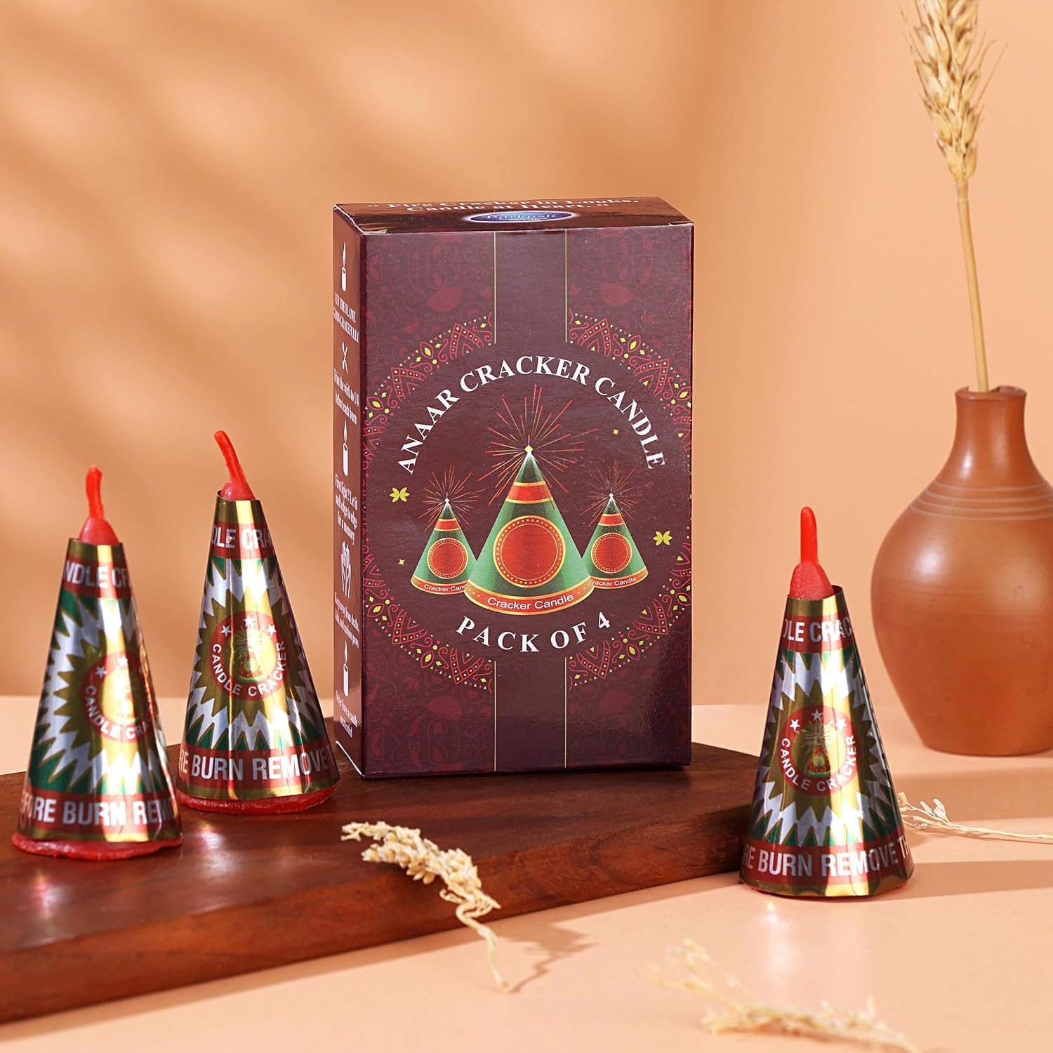 Anaar Cracker Decorative Candle | Pack of 4 | Long-Lasting Unscented Festival Candles (10 Hours Burn)
